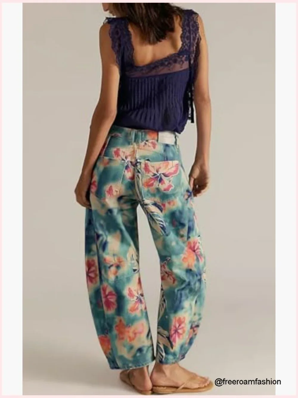 Women Boyfriend Baggy Barrel Jeans Floral Print Denim Ankle Pants Wide Leg Mid - Picture 4 of 7